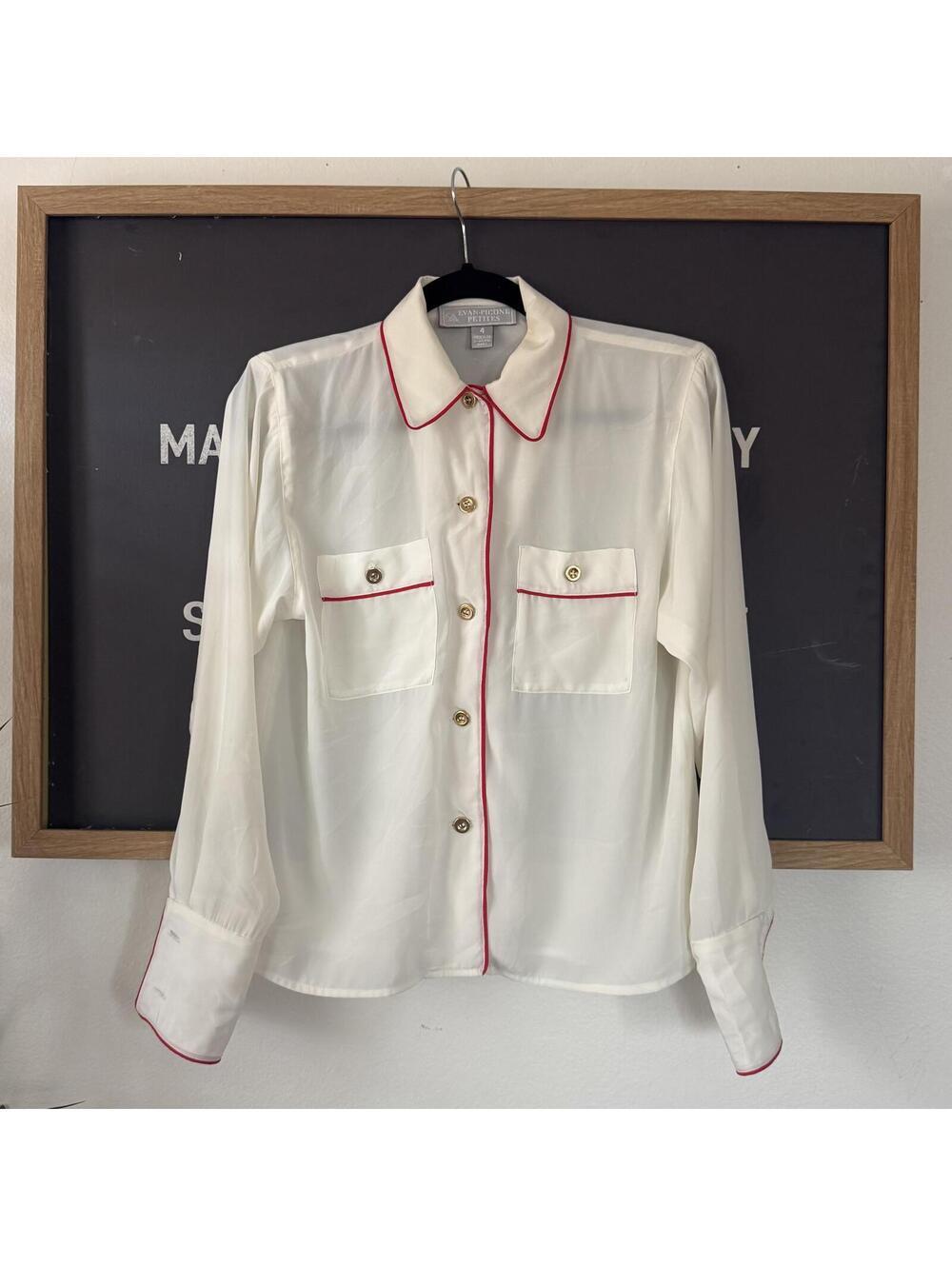 White Red Trim Blouse Evan Picone Petites Womens 4 Button Up Shirt Top